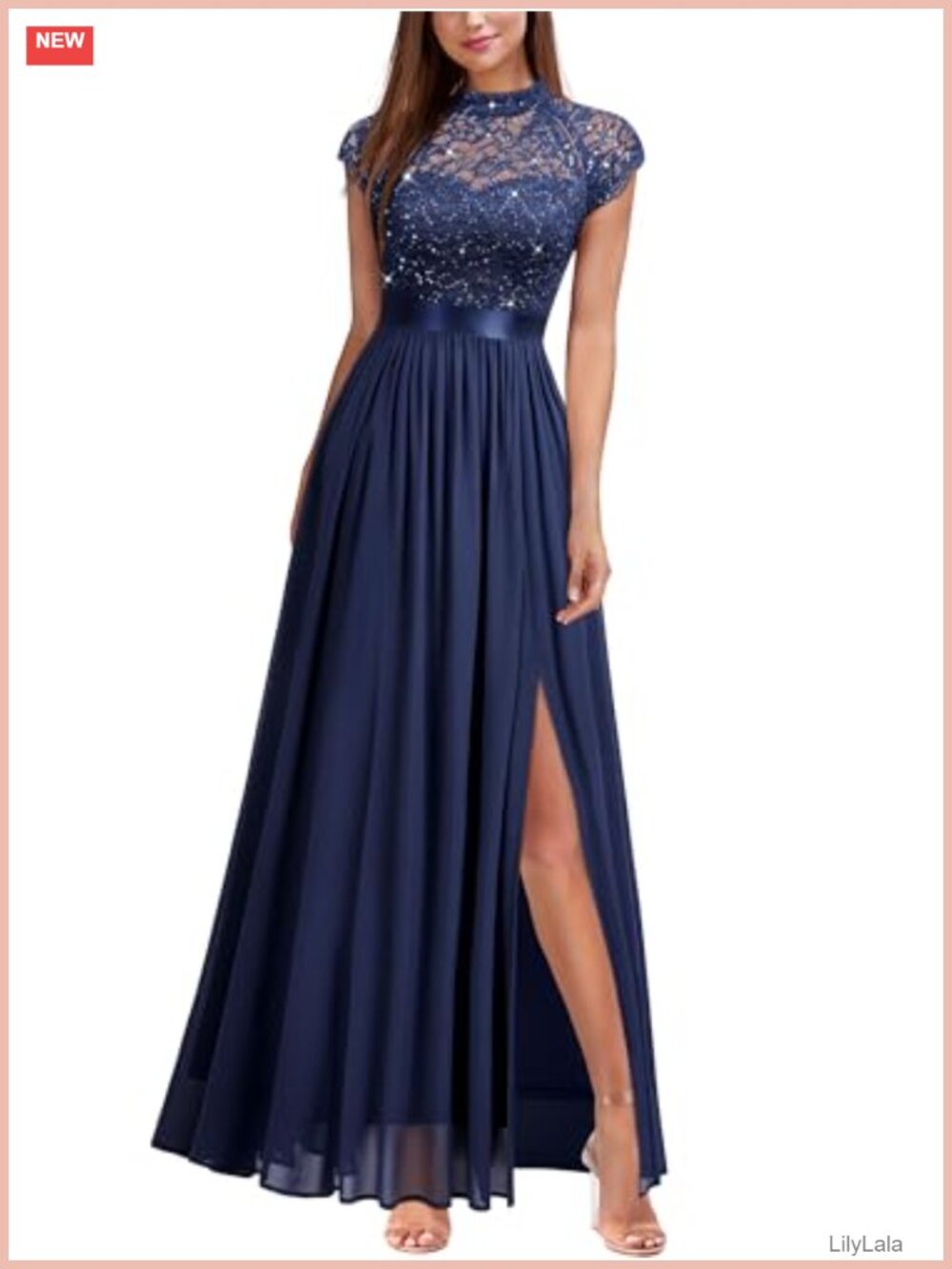 Elegant Sequin Lace Contrast Chiffon Split A-Line Maxi Formal Evening Dress